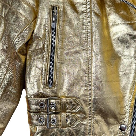 Women's Gold Metallic Style Genuine Leather Jacket - Sz: XXS - Picture 6 of 8